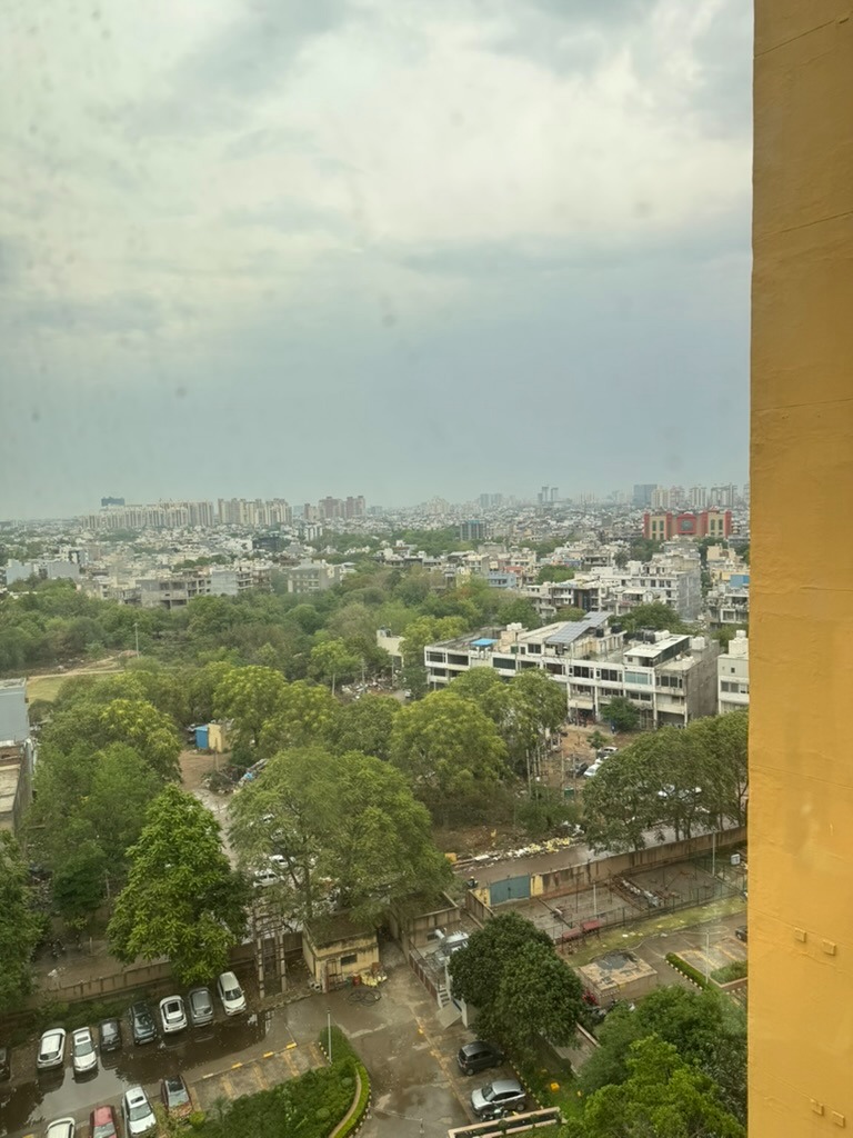 High angle view across the city canopy