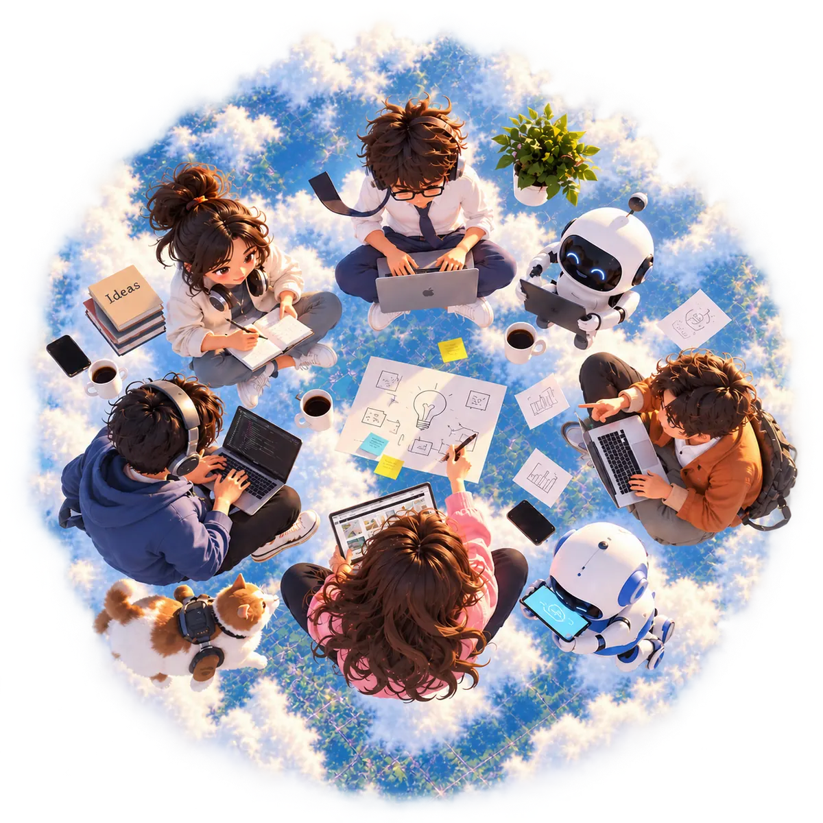 The TalkXO team sitting in a circle on clouds, sketching ideas together — seen from above
